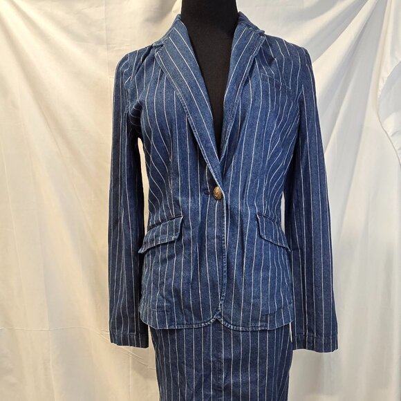 Ralph Laurel Jeans Blazer And Skirt Size 6 Blue With Pin Strips 100% Cotton - Picture 1 of 16